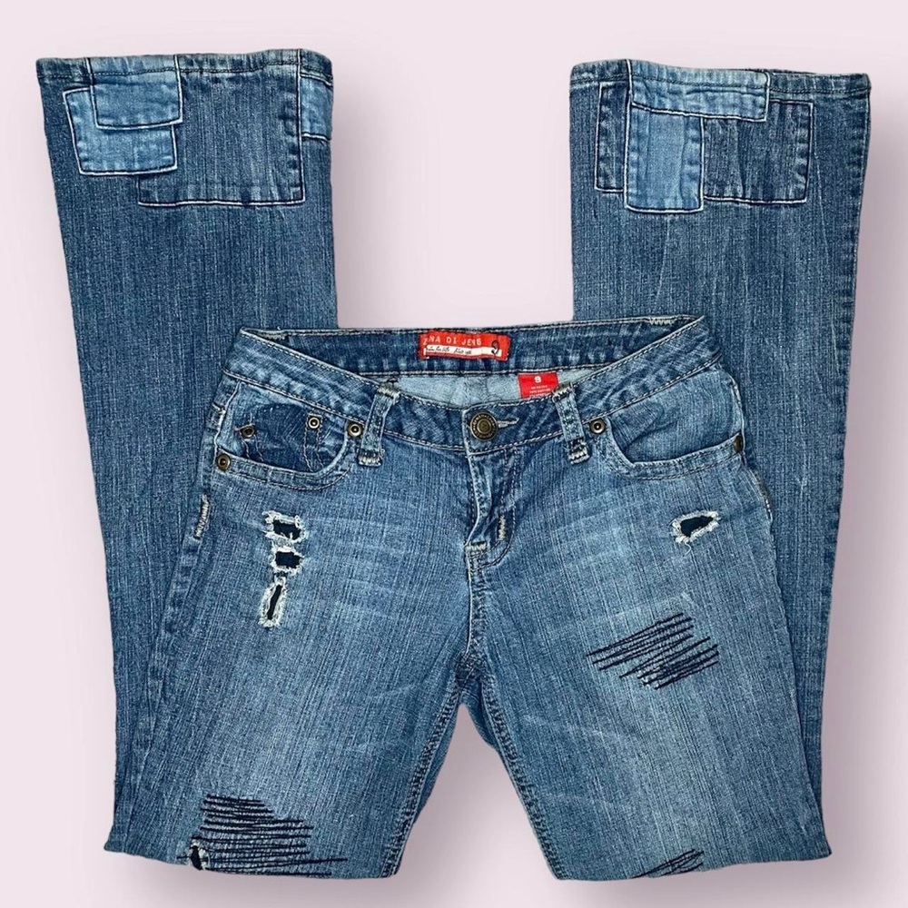 zana di 90s patchwork style low rise distressed flare jeans embroidery details